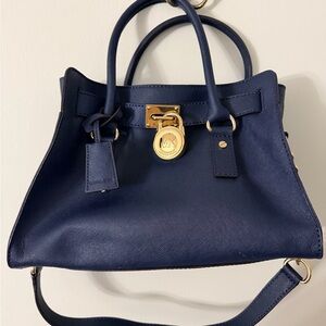 Michael Kors Dark Blue Satchel with Gold Accents
